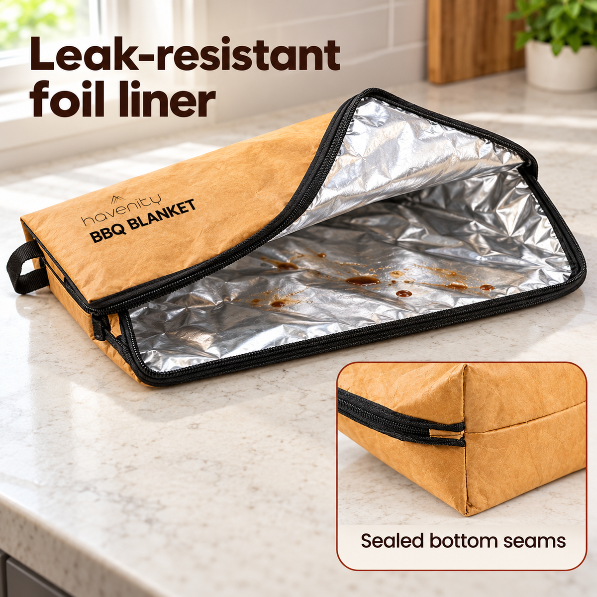 The BBQ Blanket open to show its shiny foil lining with juices contained, plus a close-up inset of the sealed bottom seam.
