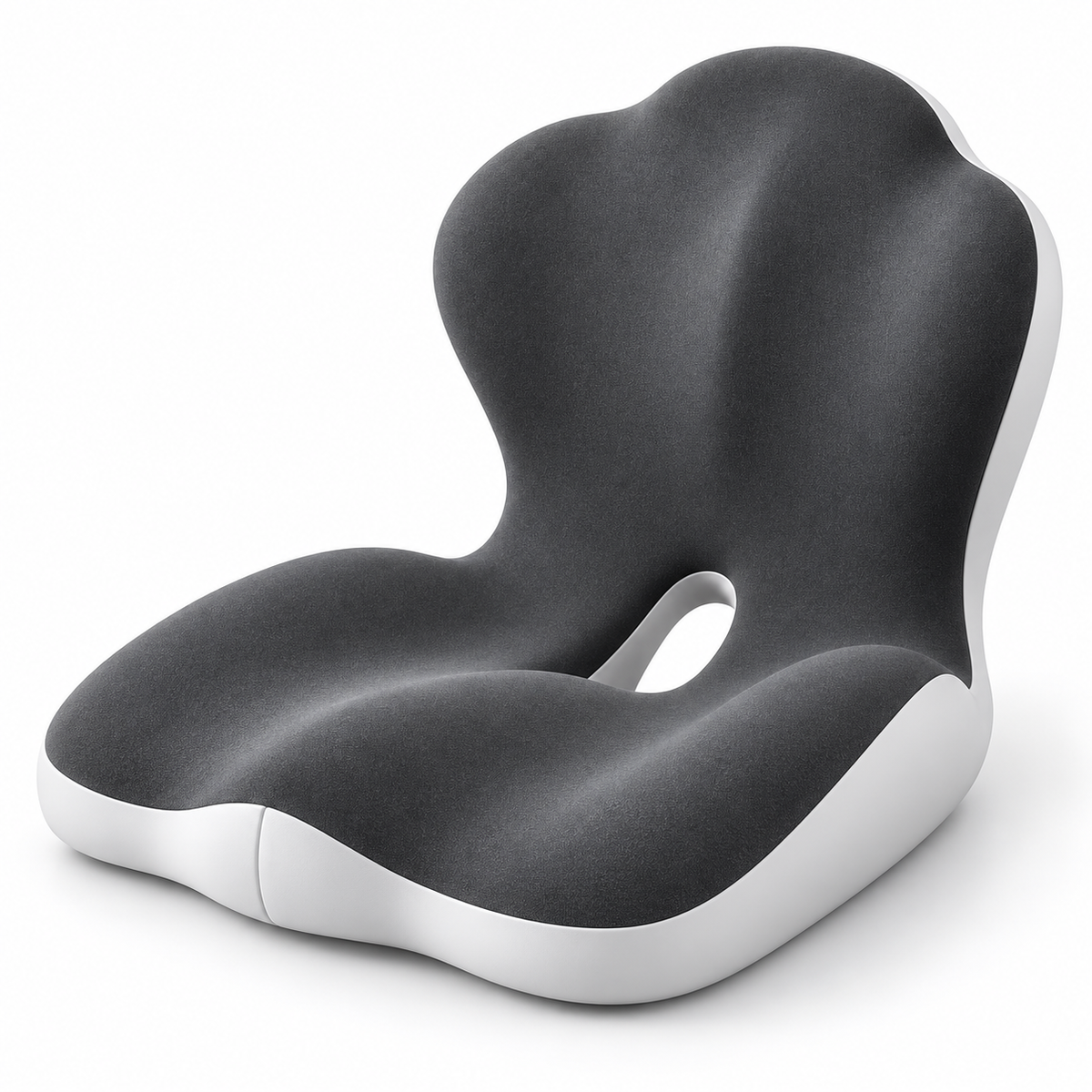 The charcoal-grey 2-in-1 seat and back cushion with its shell-shaped back and tailbone cutout, shown alone on a white background.