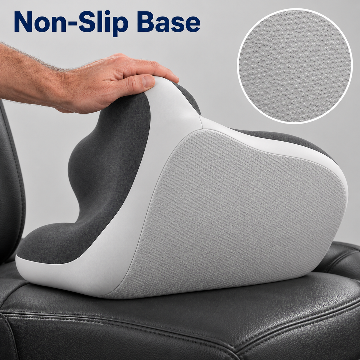 The cushion tipped forward on a leather seat to show its textured non-slip underside, with a close-up inset of the base.