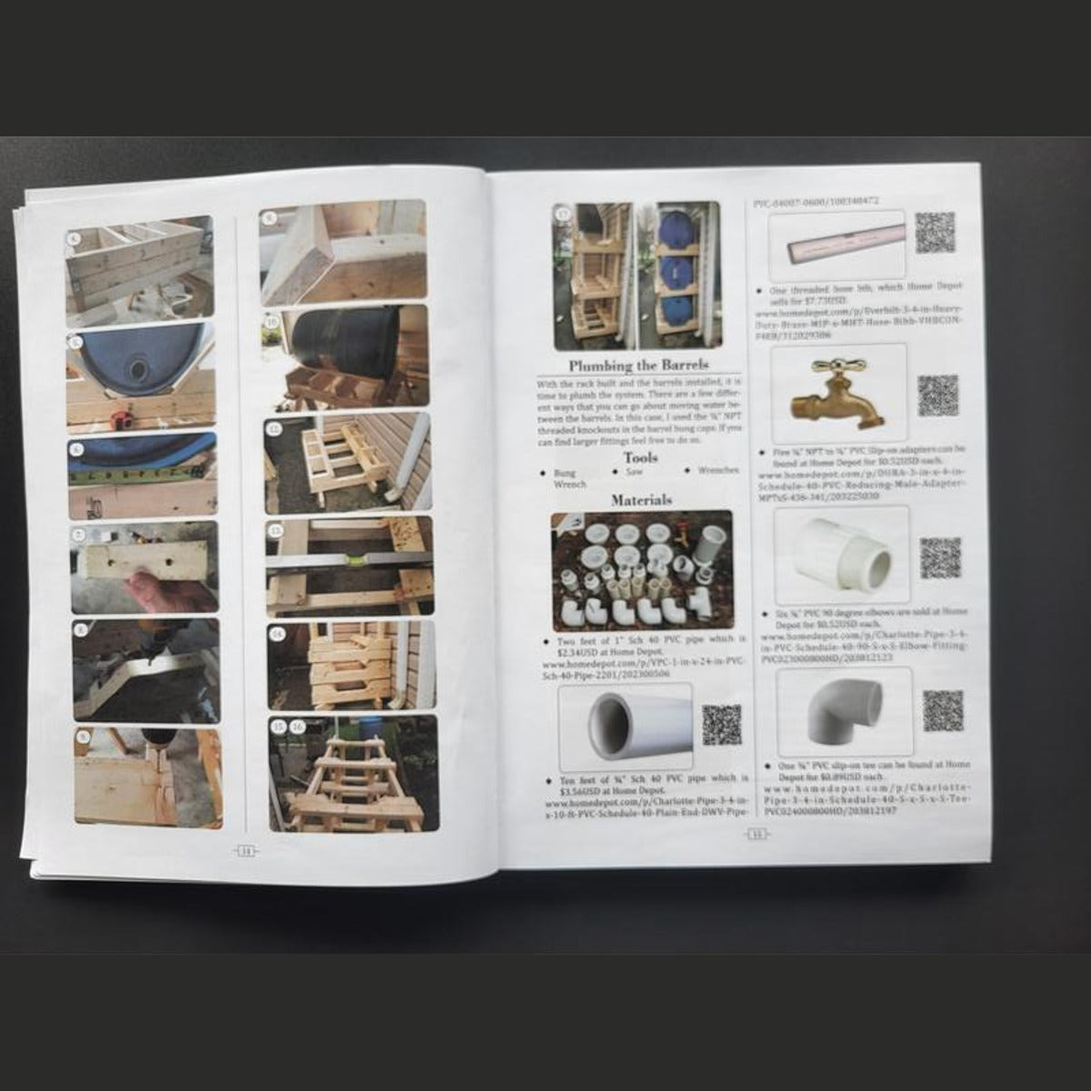 Real inside pages of the book: a rainwater barrel project with numbered photos, parts, costs and QR codes