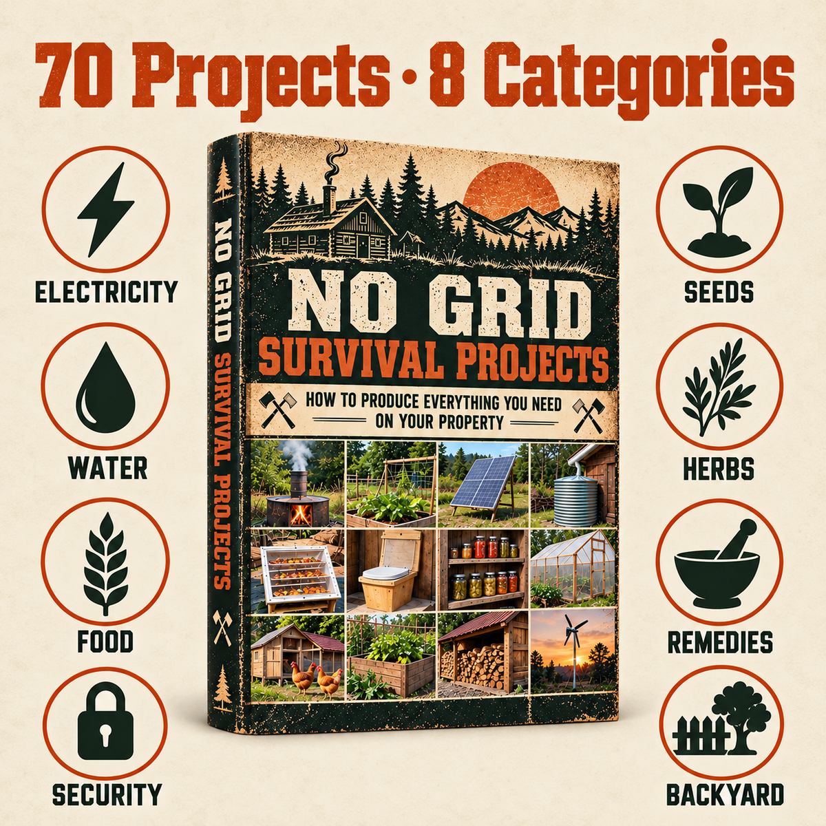 Infographic of the book surrounded by eight labeled icons for electricity, water, food, security, seeds, herbs, remedies and backyard.