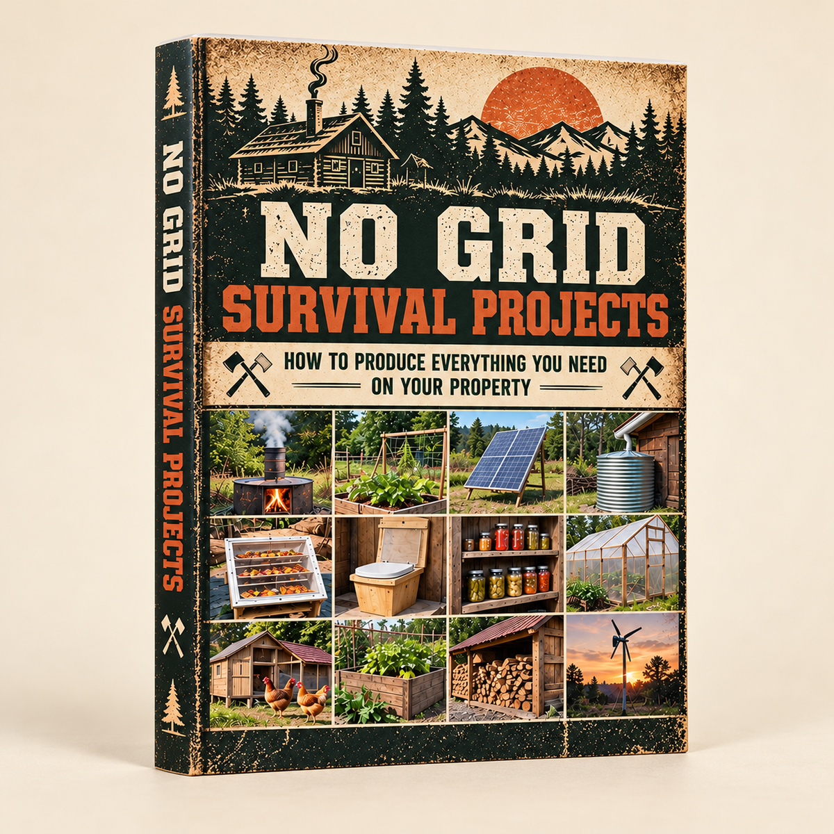 The soft-cover book No Grid Survival Projects standing upright on a plain cream background, with its spine visible.