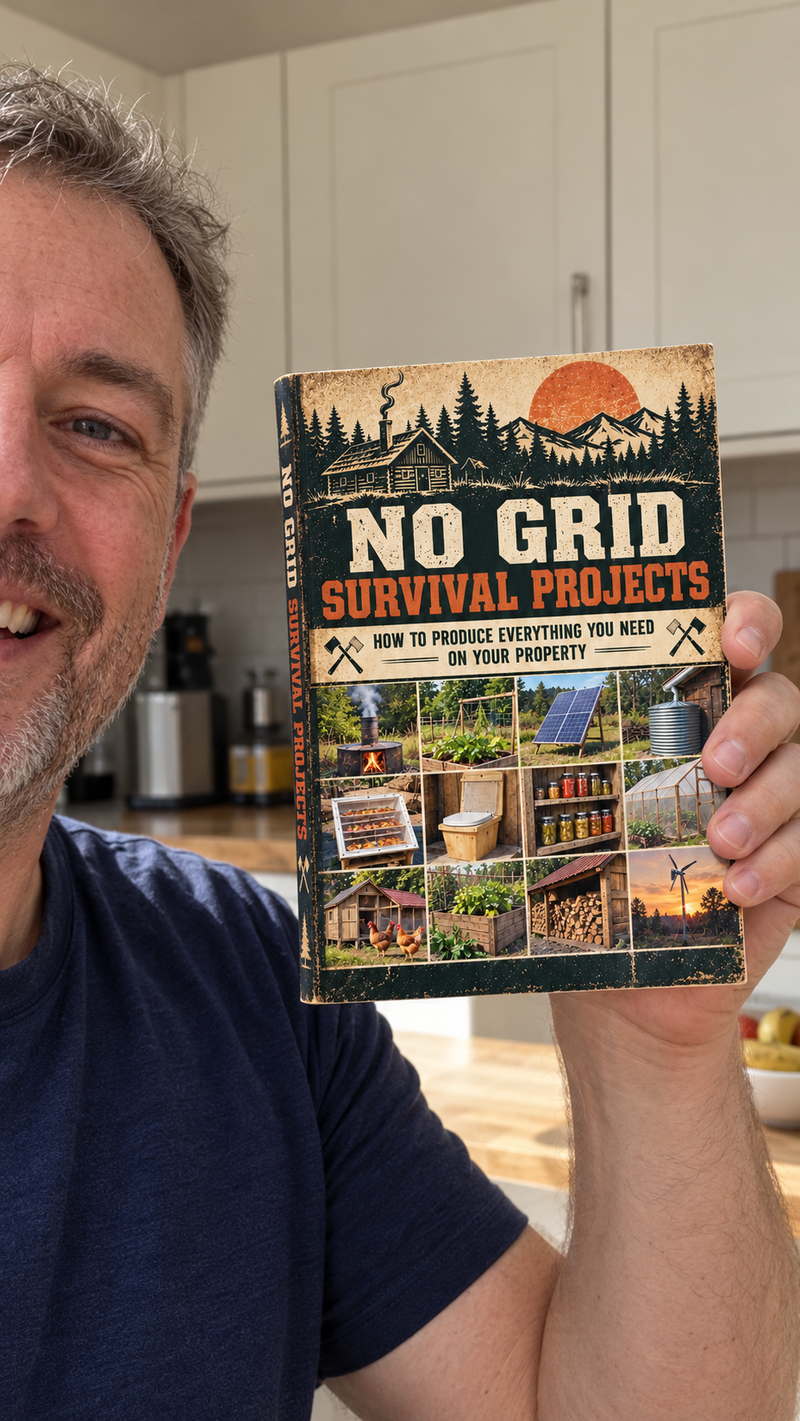 A smiling man holds the No Grid Survival Projects book beside his face in his kitchen.
