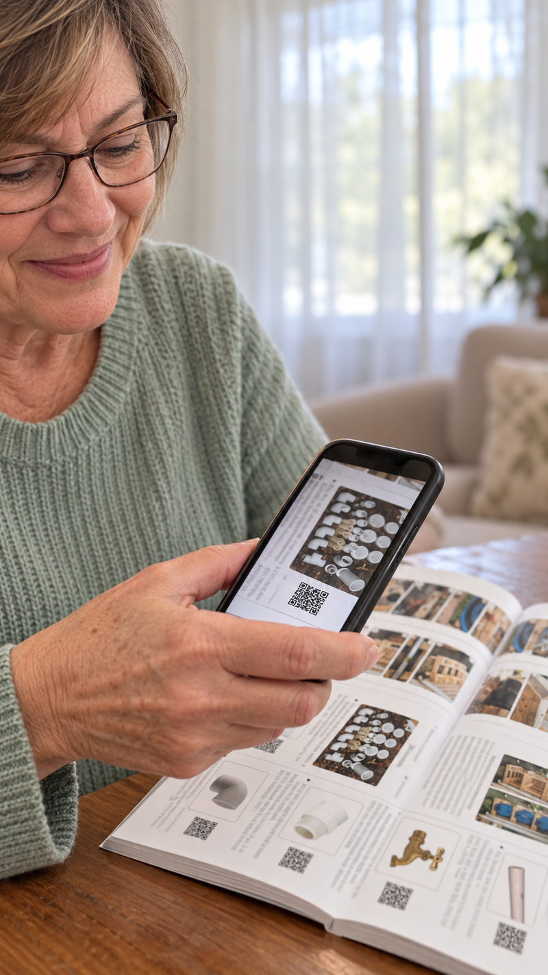 A woman uses her phone to scan a QR code on a materials page of the open book at her table.