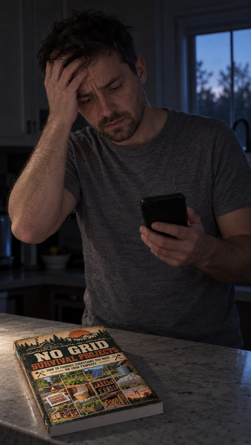 A worried man looks at his dead phone in a dark kitchen during a power cut, with the book lying on the counter beside him.