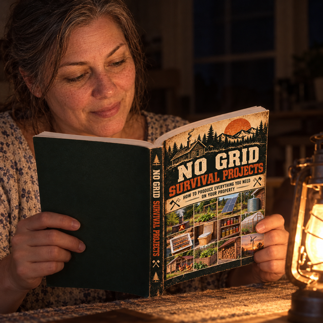 A woman reads the open book by lantern light in a dark room during a power cut.