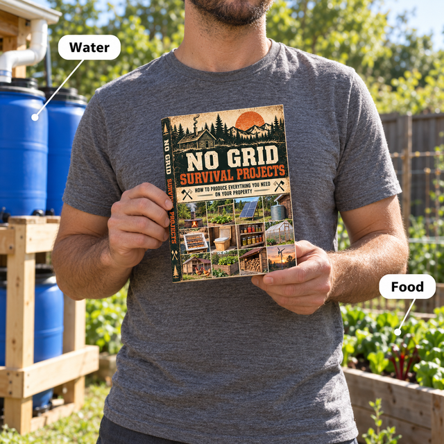 A person holds the open book in a backyard beside a barrel stand and a raised vegetable bed, labelled water and food.