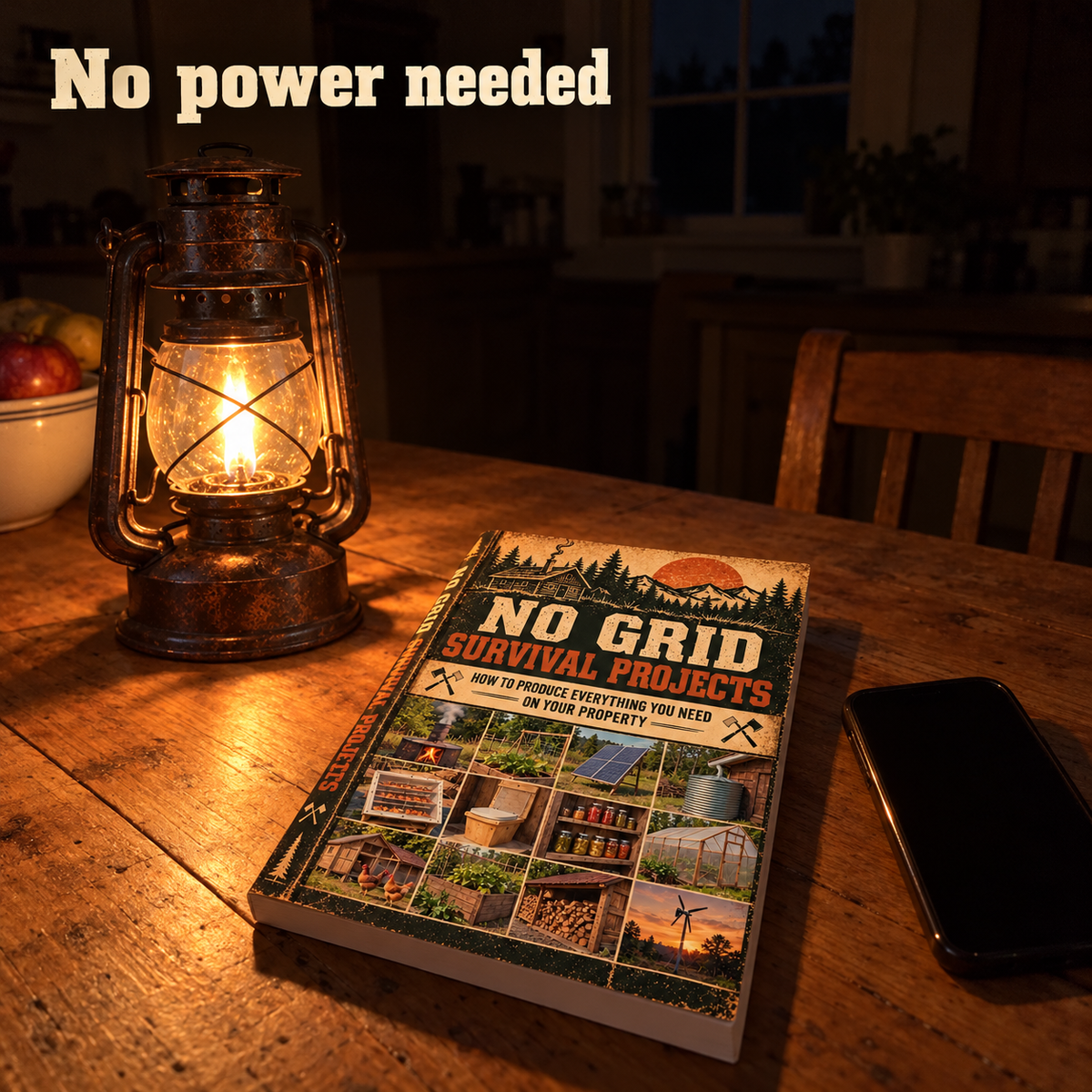 The book on a kitchen table lit by an oil lantern in a dark room, next to a smartphone with a black screen.