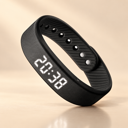A black activity wrist band with its LED display lit, standing on a warm beige studio background.