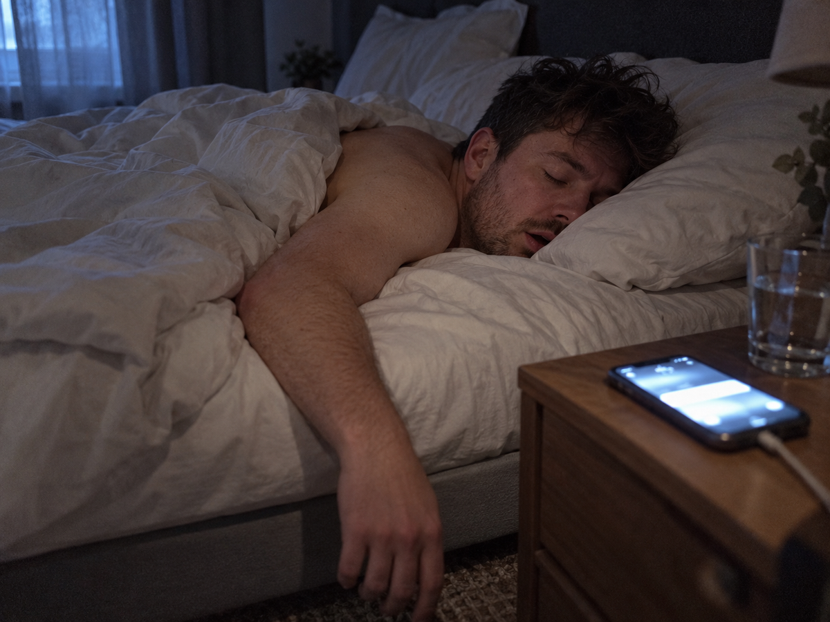 A man sleeps face-down in a dim bedroom while his phone alarm glows on the nightstand beside him.