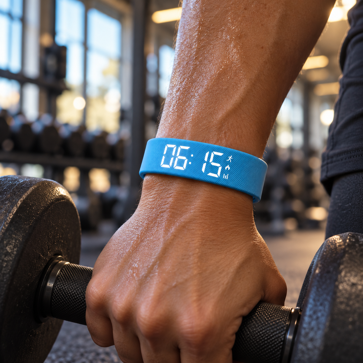 Close-up of a blue activity band showing the time on a wrist gripping a dumbbell at the gym.