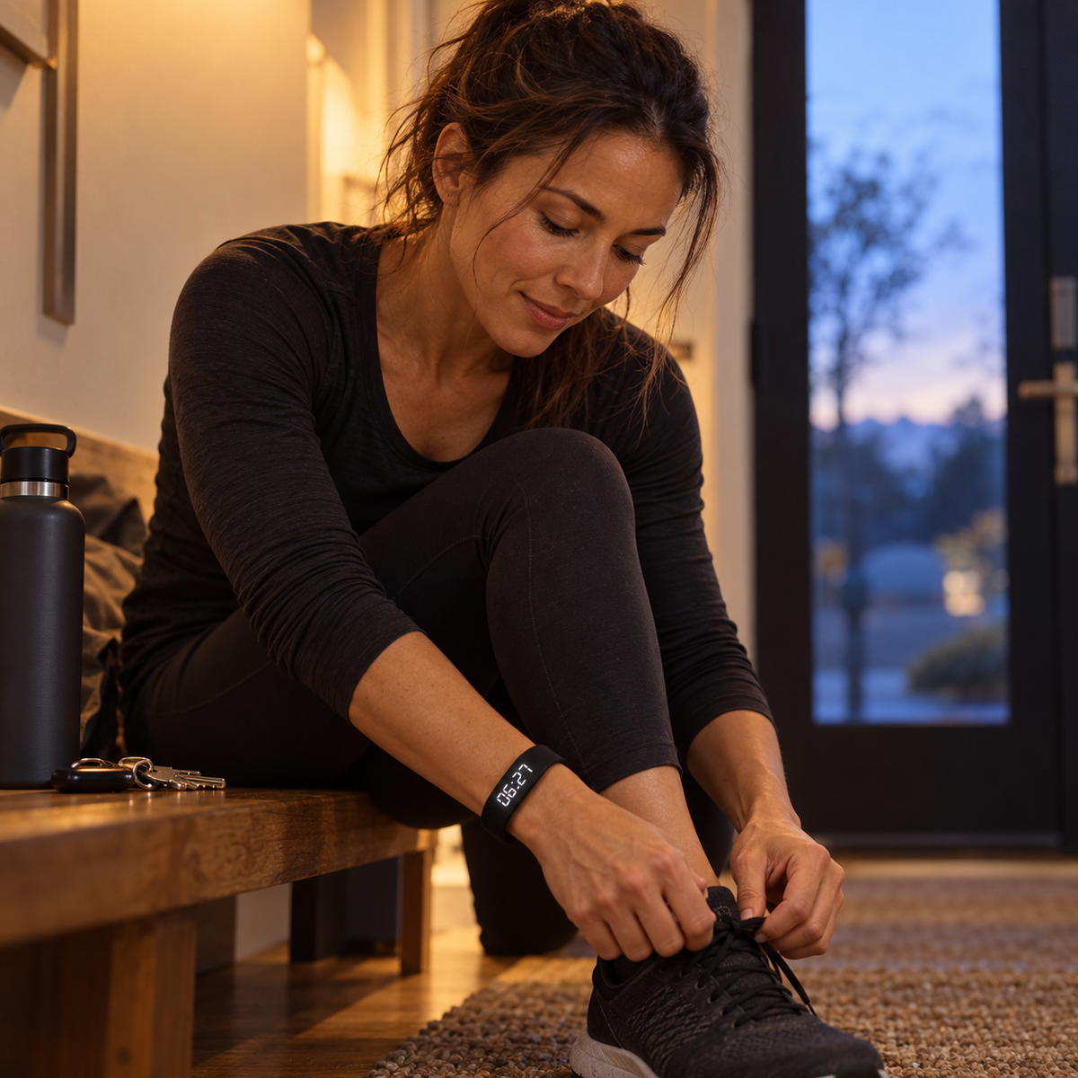 A woman wearing a black activity band ties her running shoes by the front door before sunrise.