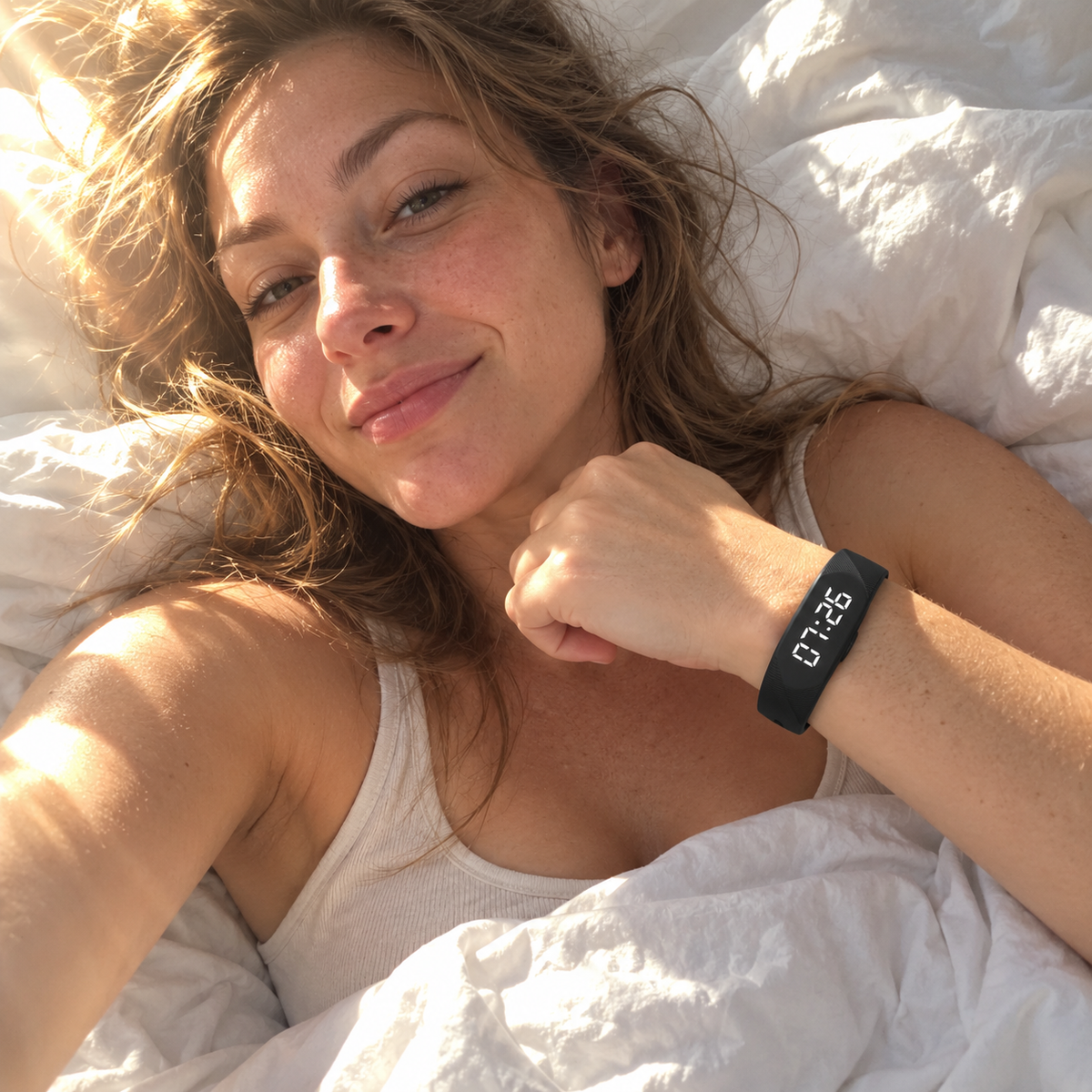 A woman in bed takes a morning selfie, holding up her wrist to show a black activity band.