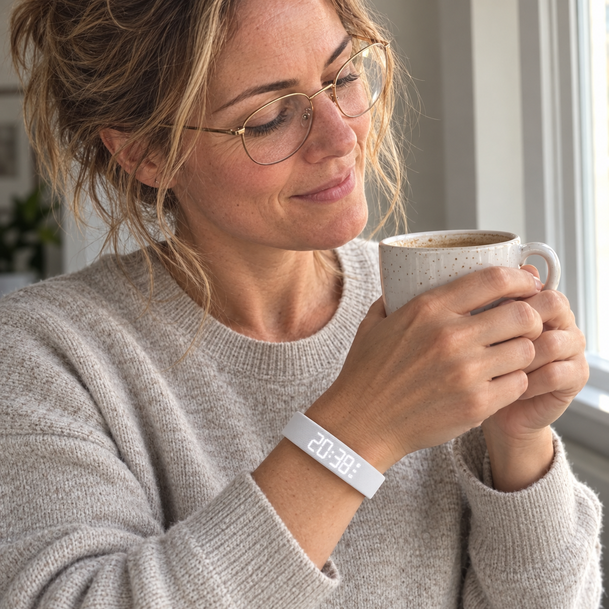 A woman in a grey hoodie holds a coffee mug by the window, wearing a white activity band on her wrist.