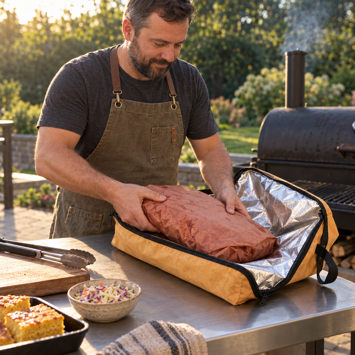 A bearded man at a backyard smoker places a wrapped brisket into the open BBQ Blanket on a prep table.