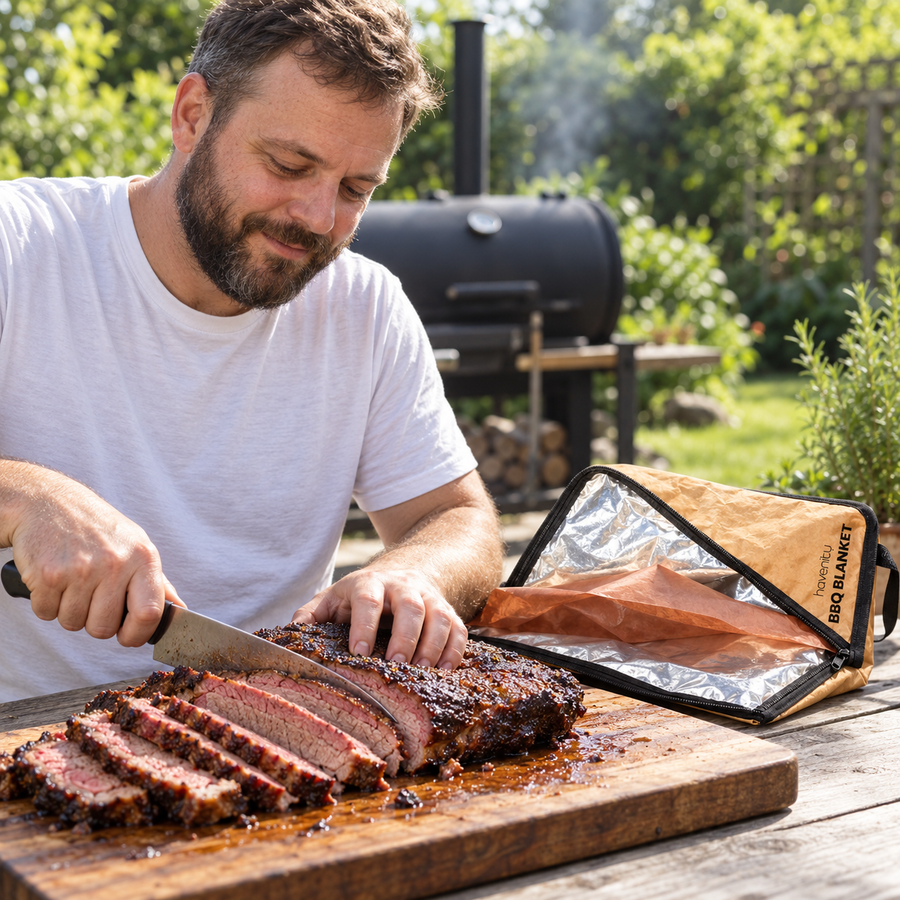 A bearded man slices a juicy rested brisket at a backyard picnic table next to the open BBQ Blanket.