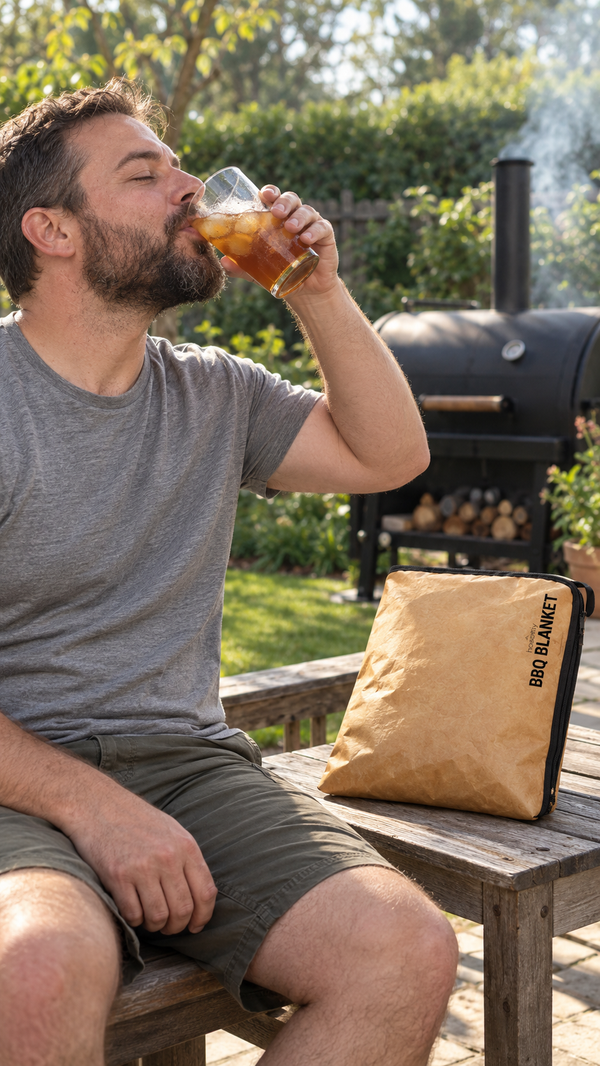A bearded man relaxes on a bench by his smoker while a wrapped brisket rests inside the zipped BBQ Blanket on the table beside him.