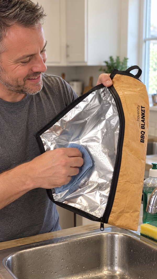 A man wipes the foil lining of the open BBQ Blanket with a damp cloth over the kitchen sink.