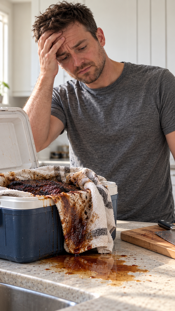 A frustrated man looks at a towel-wrapped brisket leaking juice from a cooler onto his kitchen counter.