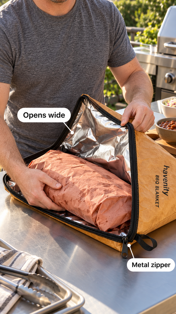 A man slides a wrapped brisket into the wide-open BBQ Blanket on an outdoor grill table, with labels pointing to the opening and metal zipper.