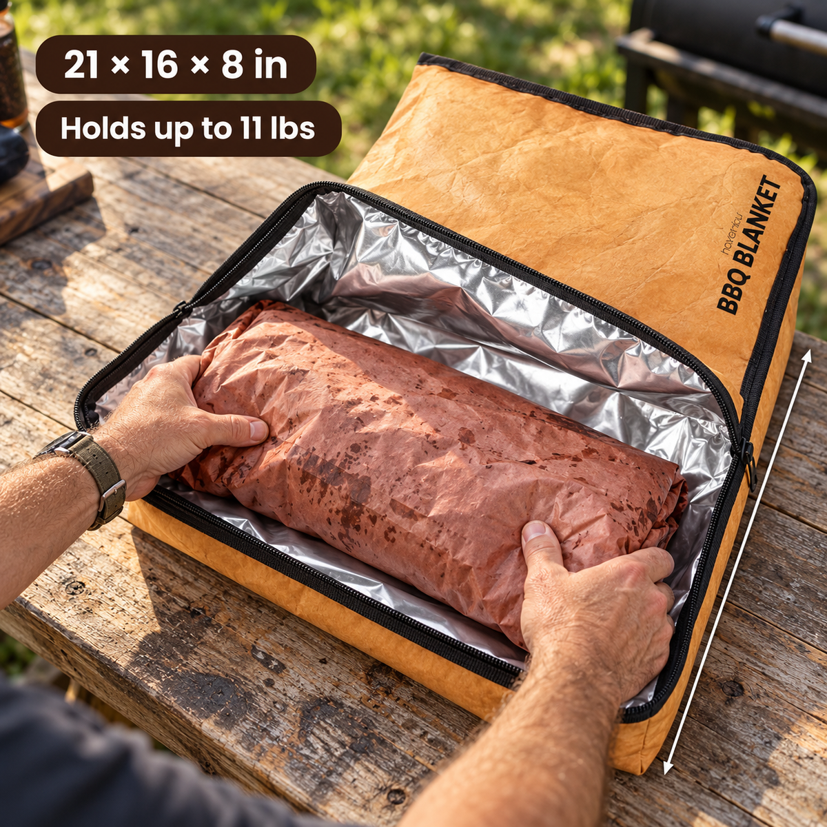 A man's hands slide a butcher-paper-wrapped brisket into the open foil-lined BBQ Blanket on a wooden outdoor table, with size labels.