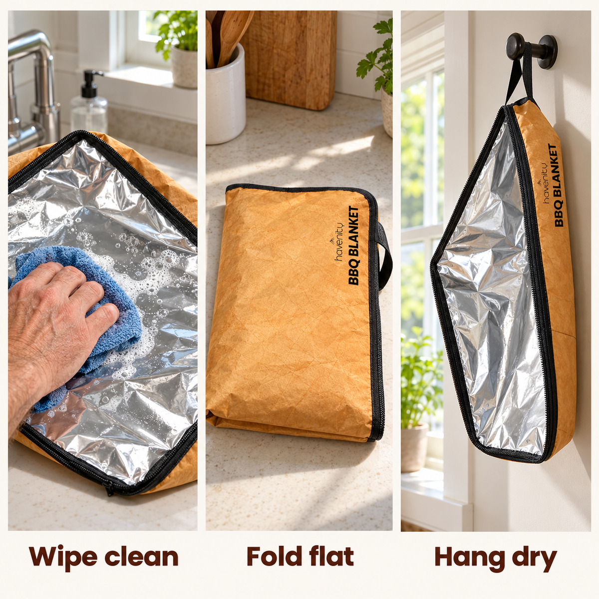 Three photos: a hand wiping the foil inside of the BBQ Blanket, the bag folded flat, and the bag hanging from a hook to dry.