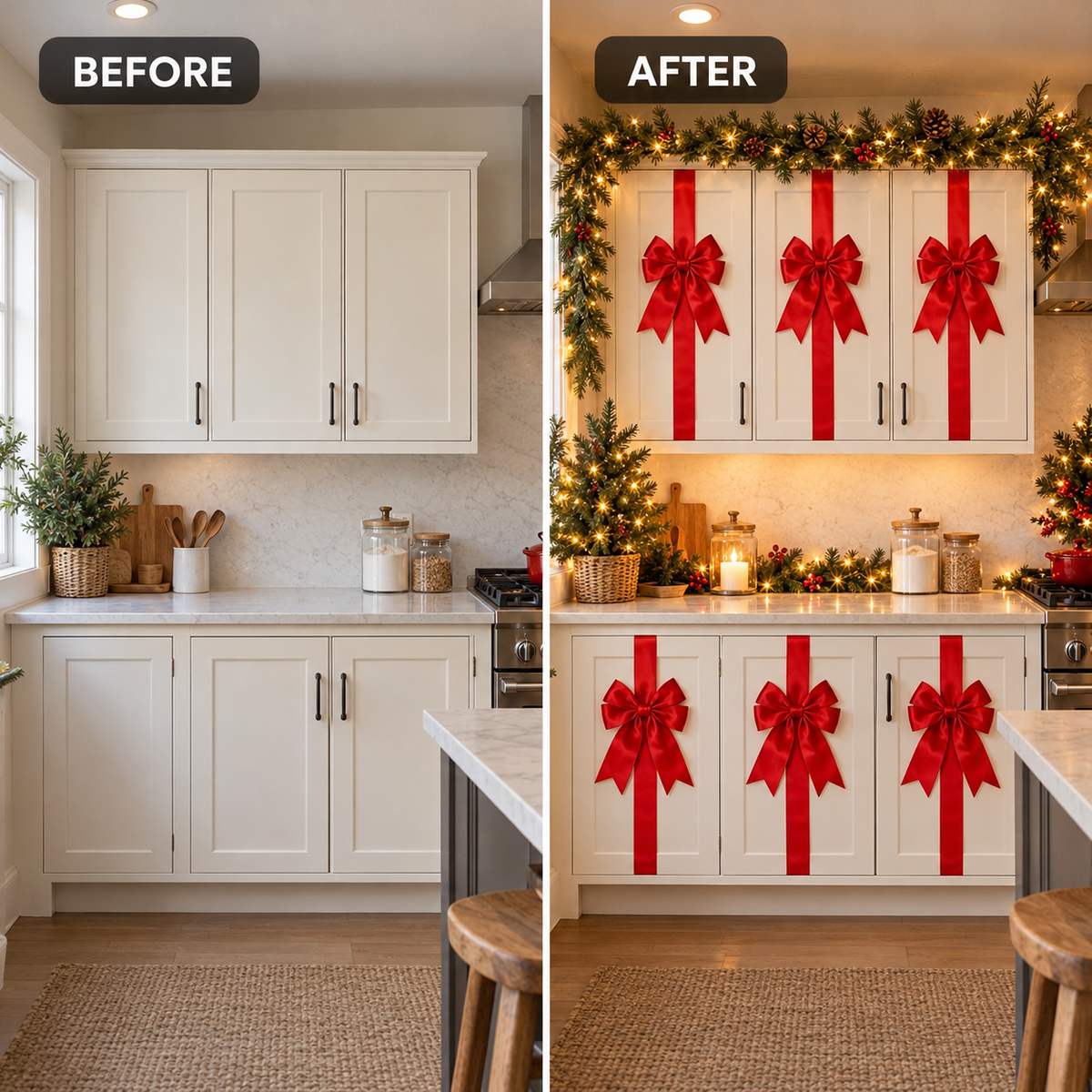 Before and after: plain white kitchen cabinets next to the same cabinets wrapped in red ribbon bows.