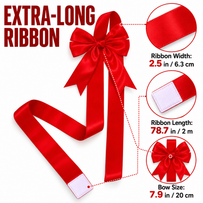 A close-up of the red satin bow and ribbon with its measurements: 2.5 in wide, 78.7 in long, 7.9 in bow.