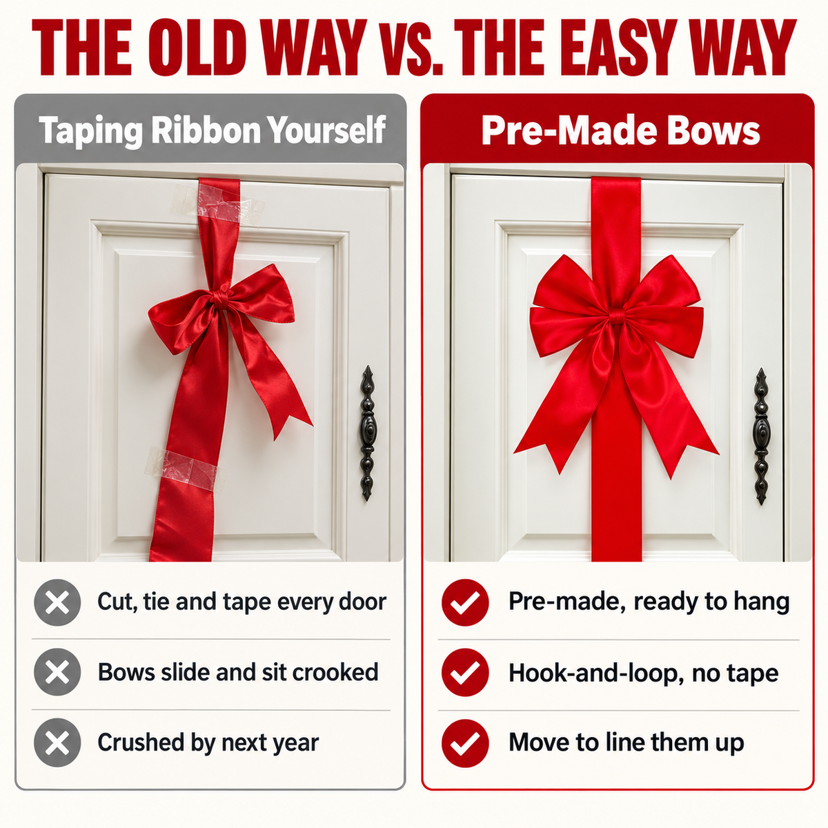 A comparison chart of taping ribbon to cabinets yourself versus using pre-made red ribbon bows with hook-and-loop fasteners.