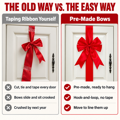 A comparison chart of taping ribbon to cabinets yourself versus using pre-made red ribbon bows with hook-and-loop fasteners.