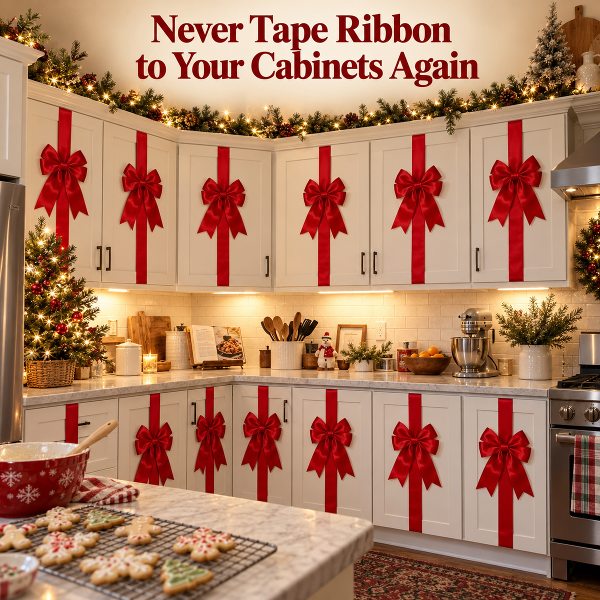 A white kitchen with every cabinet wrapped in red ribbon bows under the headline 'Never Tape Ribbon to Your Cabinets Again'.