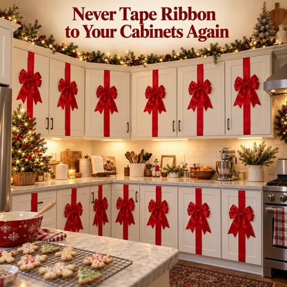 A white kitchen with every cabinet wrapped in red ribbon bows under the headline 'Never Tape Ribbon to Your Cabinets Again'.