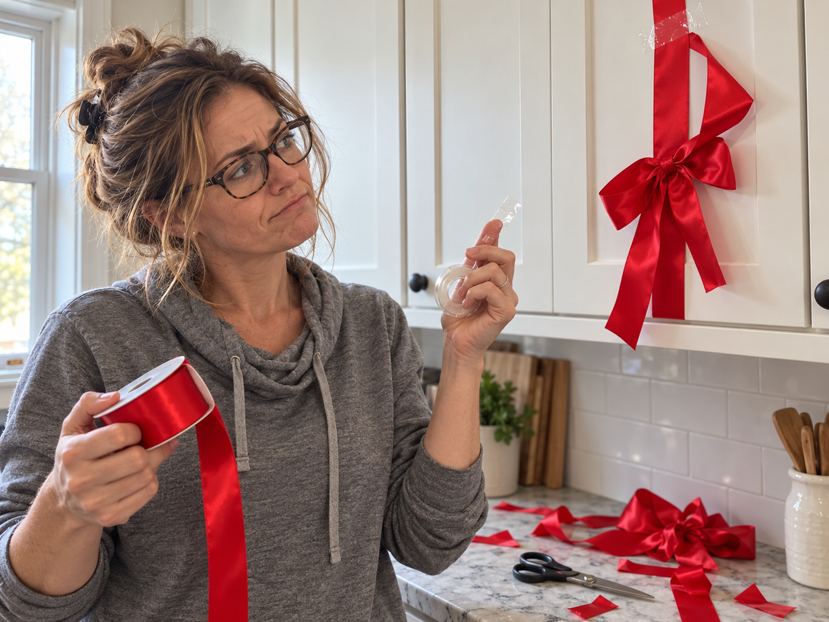 A frustrated woman holds scotch tape and a ribbon spool next to a crooked, sagging ribbon taped to a white kitchen cabinet.