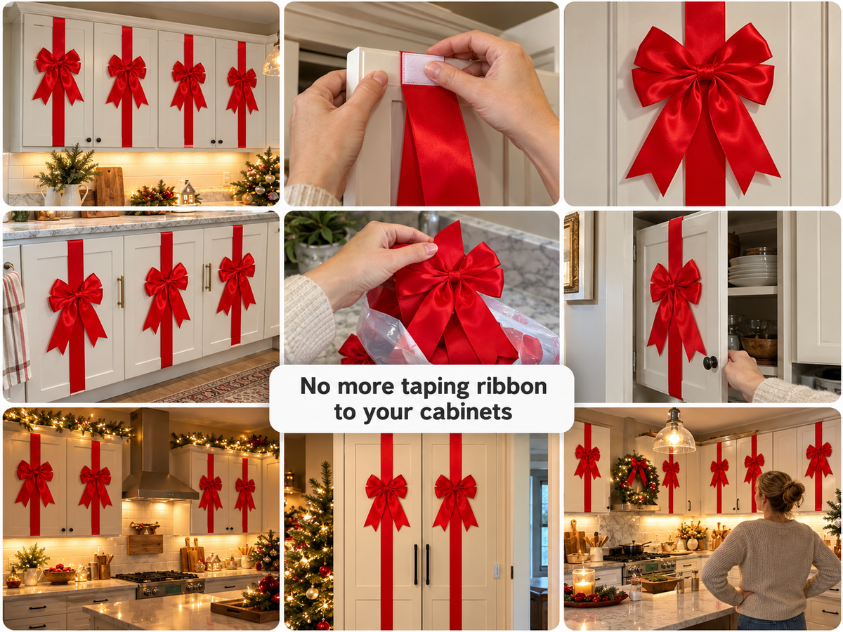 A grid of candid photos of kitchens with red ribbon bows on the cabinets, with a card reading 'No more taping ribbon to your cabinets'.