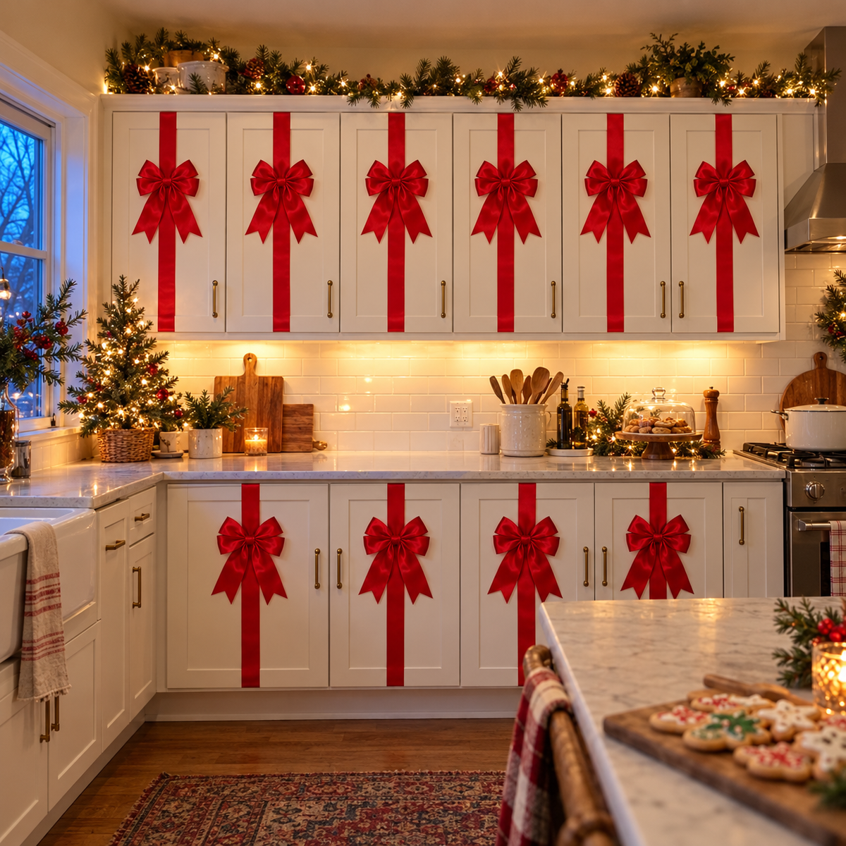A white kitchen with every cabinet door wrapped in a red satin ribbon and bow, like a row of Christmas presents.