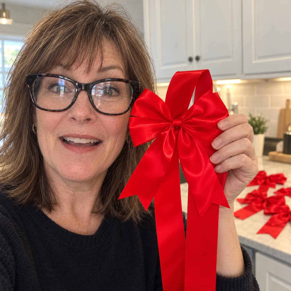 A smiling woman in glasses holds up a full red satin bow beside her face in her kitchen.