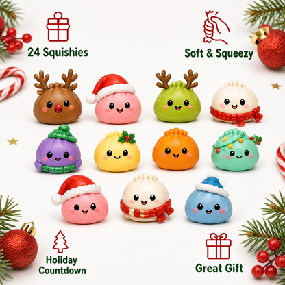 Infographic of mini dumpling squishies with four callouts: 24 Squishies, Soft & Squeezy, Holiday Countdown, Great Gift.