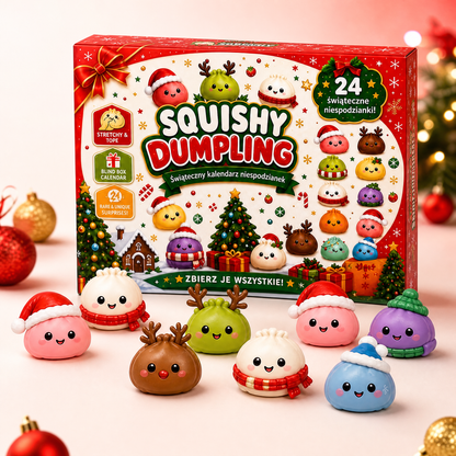 The Christmas advent-calendar box standing upright with a fan of colorful mini dumpling squishies in front on a clean background.