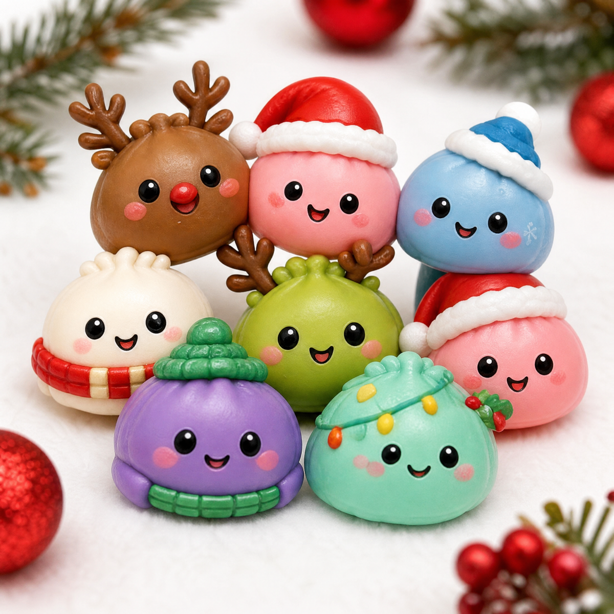 A close grouping of colorful mini dumpling squishies with festive hats, antlers and scarves.
