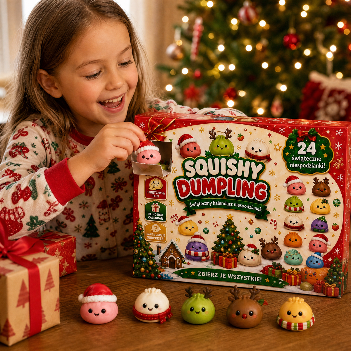 A child in pajamas opening a numbered door on the advent calendar and pulling out a mini squishy on Christmas morning.