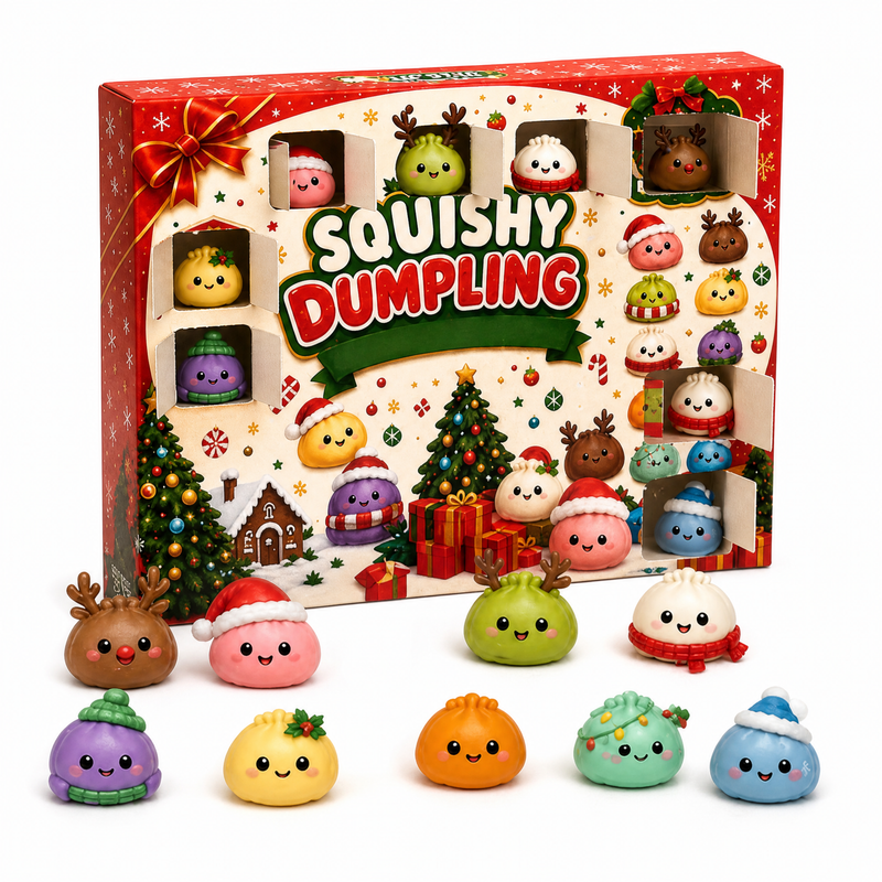 The advent-calendar box with several doors open and mini squishies peeking out, plus a few in front.