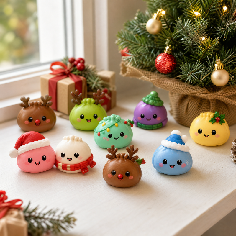 Mini dumpling squishies displayed on a windowsill beside a small Christmas tree and tiny gifts.