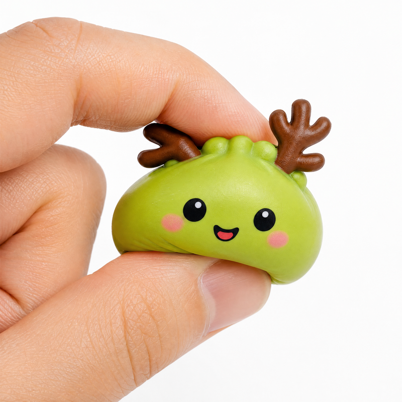 Fingers pinching and squishing a single mini dumpling squishy against a white background.