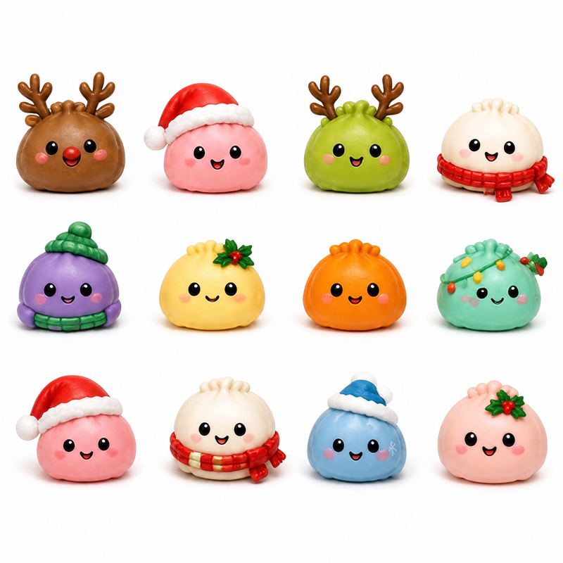 Overhead grid of twelve different festive mini dumpling squishies on a white background.