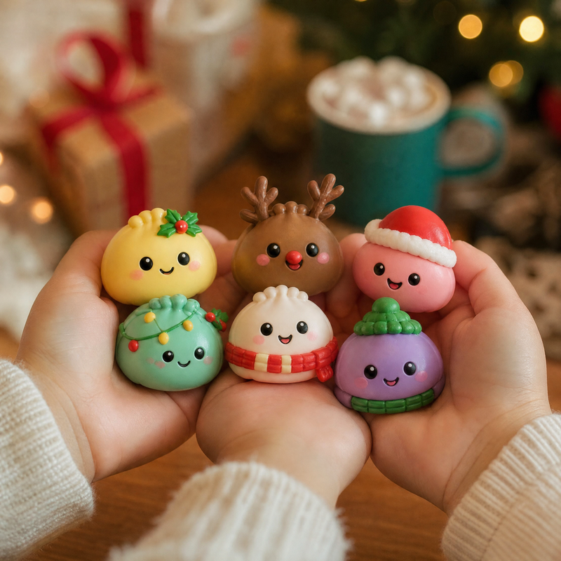A child's cupped hands holding a small pile of colorful mini dumpling squishies.