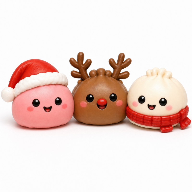 Macro close-up of three festive mini dumpling squishies with a Santa hat, reindeer antlers and a scarf.