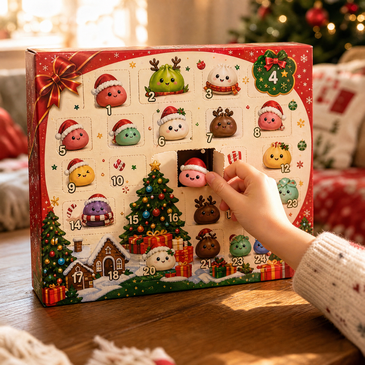 A child's hand opening a numbered door on the advent calendar to reveal a mini squishy inside.