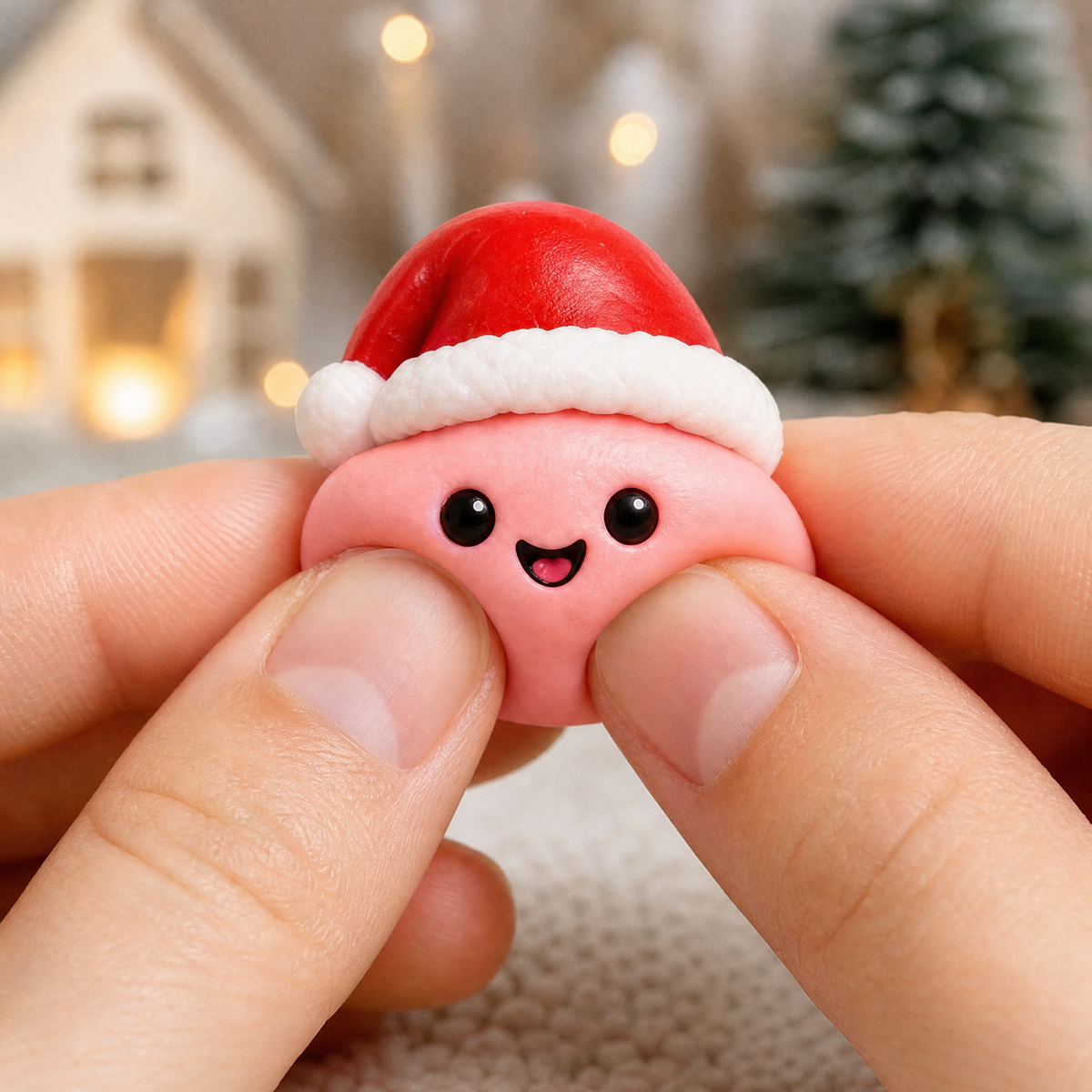 Fingers squeezing a soft pink Santa-hat mini dumpling squishy to show it compress.