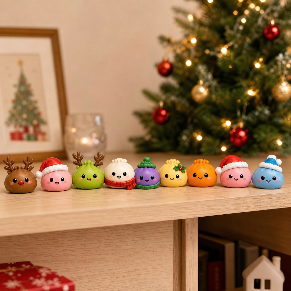 A row of collected mini dumpling squishies displayed on a shelf in front of a Christmas tree.