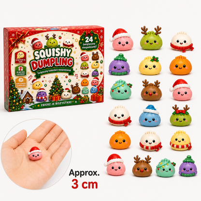 The advent-calendar box beside all 24 mini squishies, with a palm inset showing one squishy at approximately 3 cm.